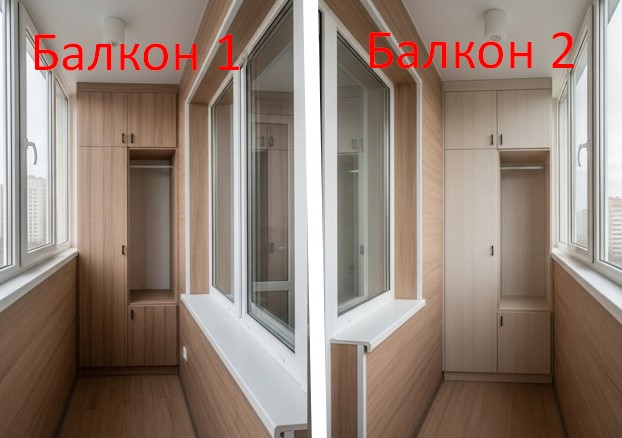 Лоджия, отделанная ламинатом на стенах и со встроенным шкафом